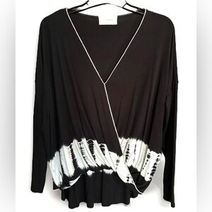 Six Fifty Tie Dye V Neck High Low Twist Top Long Sl Black White Sz Medium M Mod